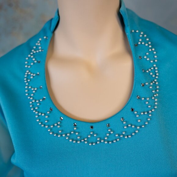 Vintage 70s ANGEL SLEEVE TURQUOISE Pearl Rhinestone Maxi Dress - Picture 6 of 12